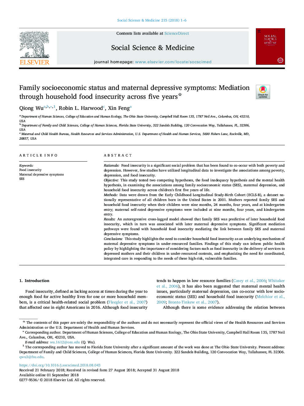 Family socioeconomic status and maternal depressive symptoms: Mediation through household food insecurity across five years