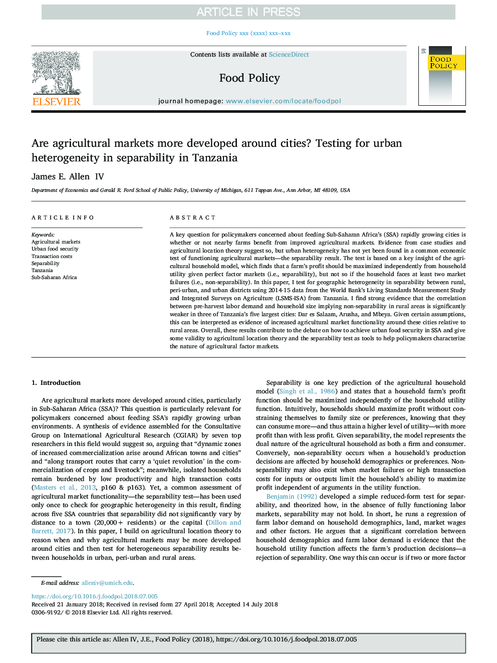 Are agricultural markets more developed around cities? Testing for urban heterogeneity in separability in Tanzania