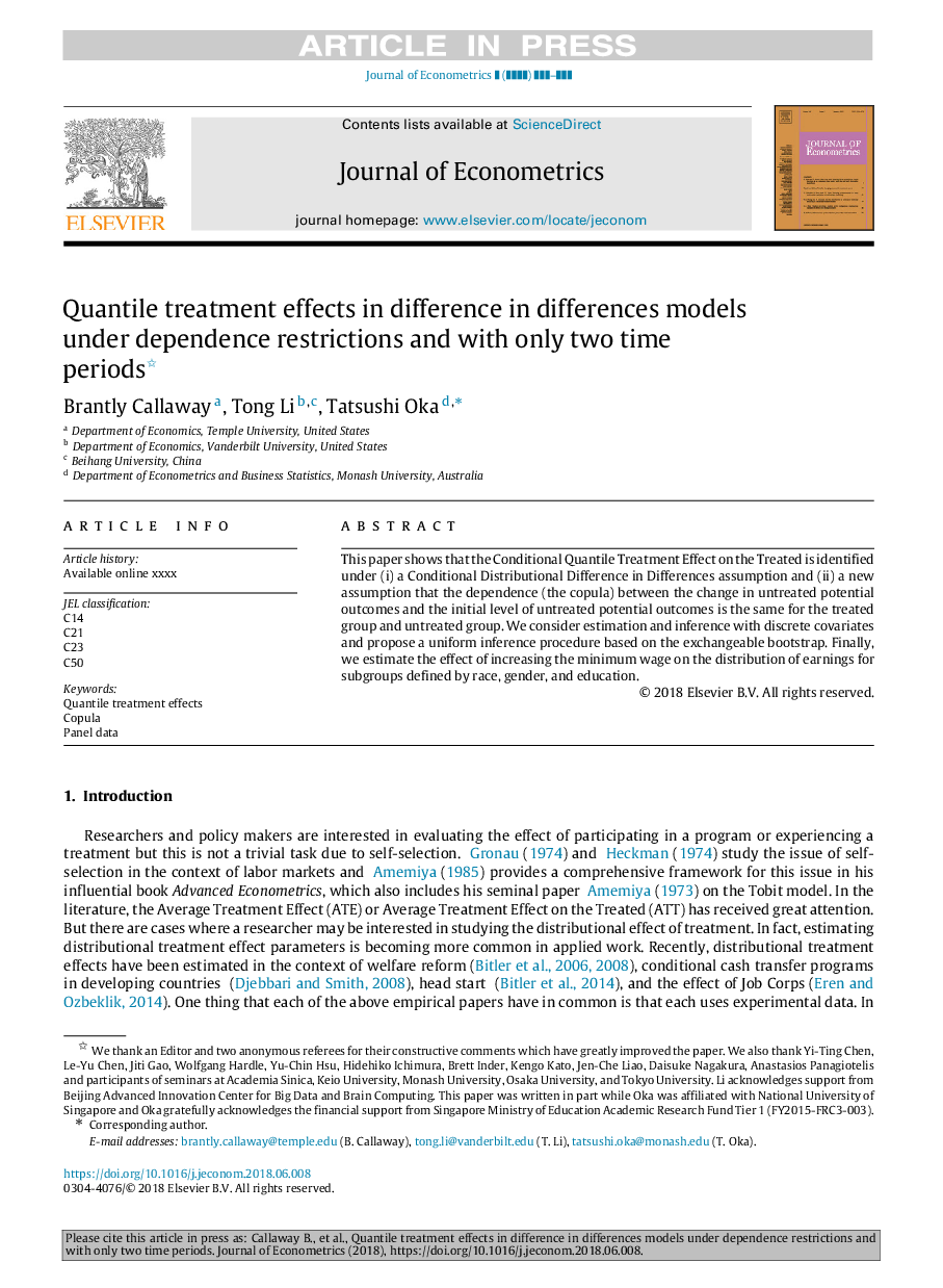 Quantile treatment effects in difference in differences models under dependence restrictions and with only two time periods