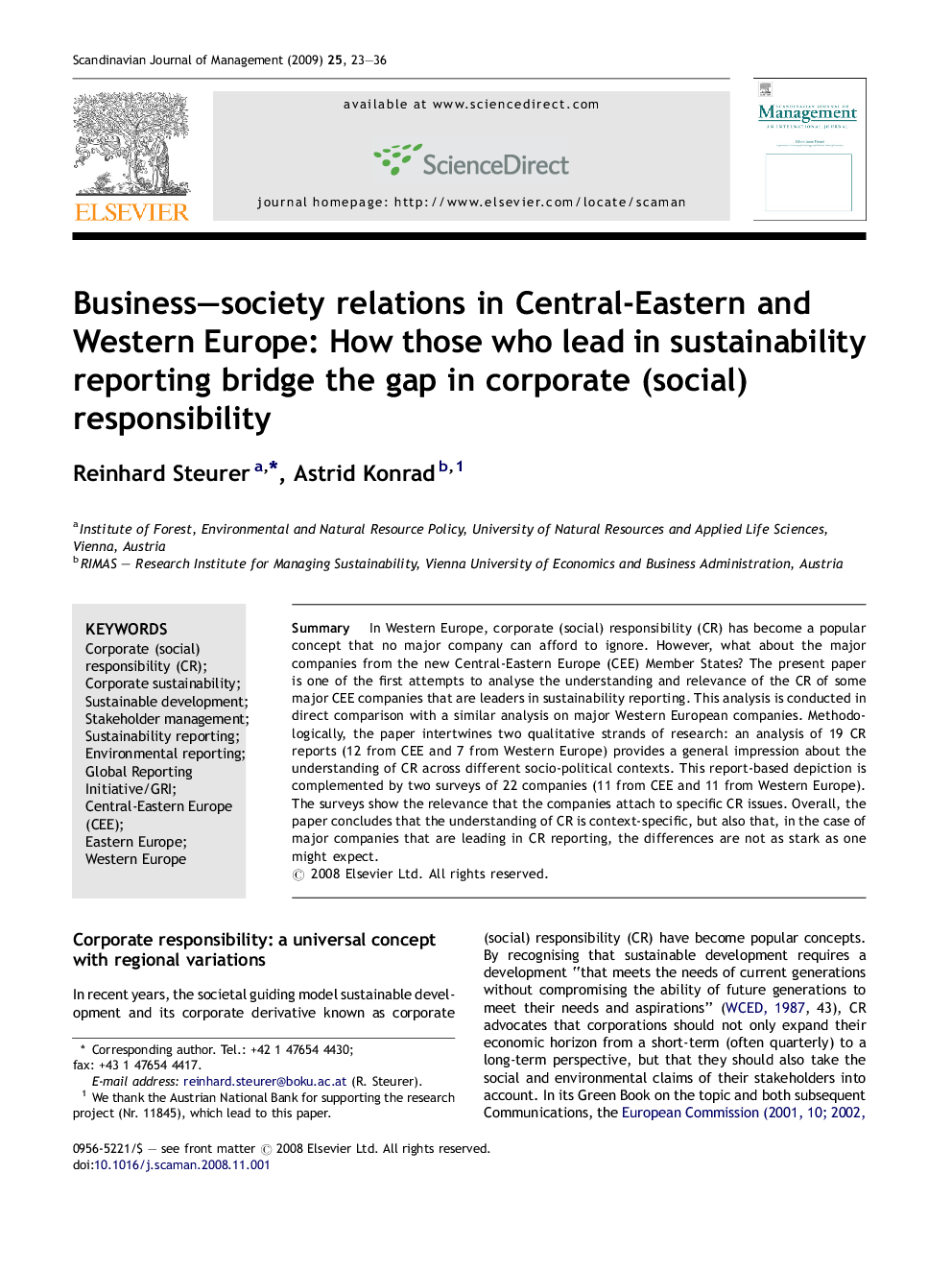 Business–society relations in Central-Eastern and Western Europe: How those who lead in sustainability reporting bridge the gap in corporate (social) responsibility