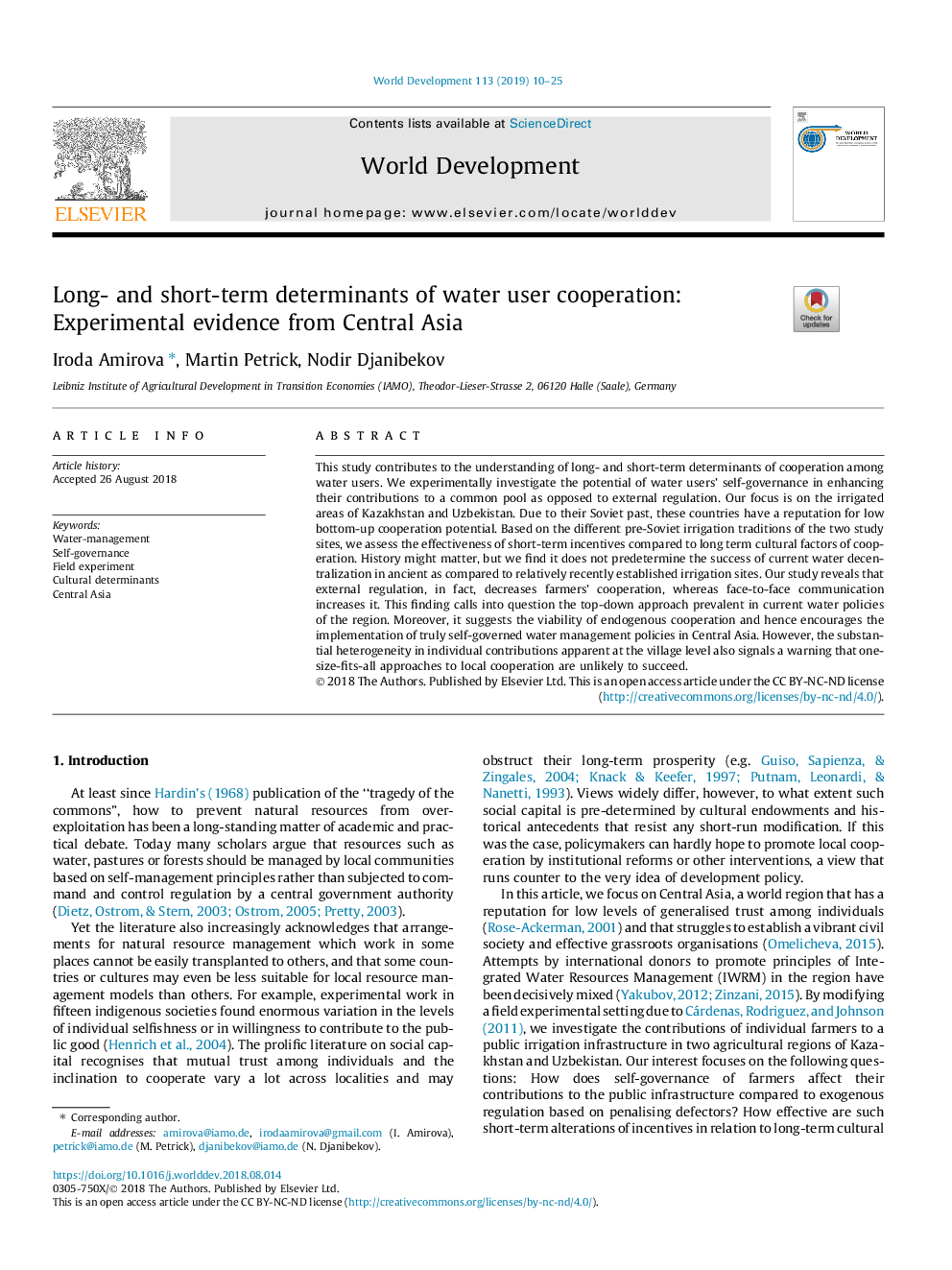 Long- and short-term determinants of water user cooperation: Experimental evidence from Central Asia