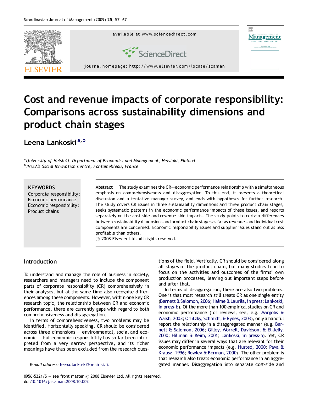 Cost and revenue impacts of corporate responsibility: Comparisons across sustainability dimensions and product chain stages