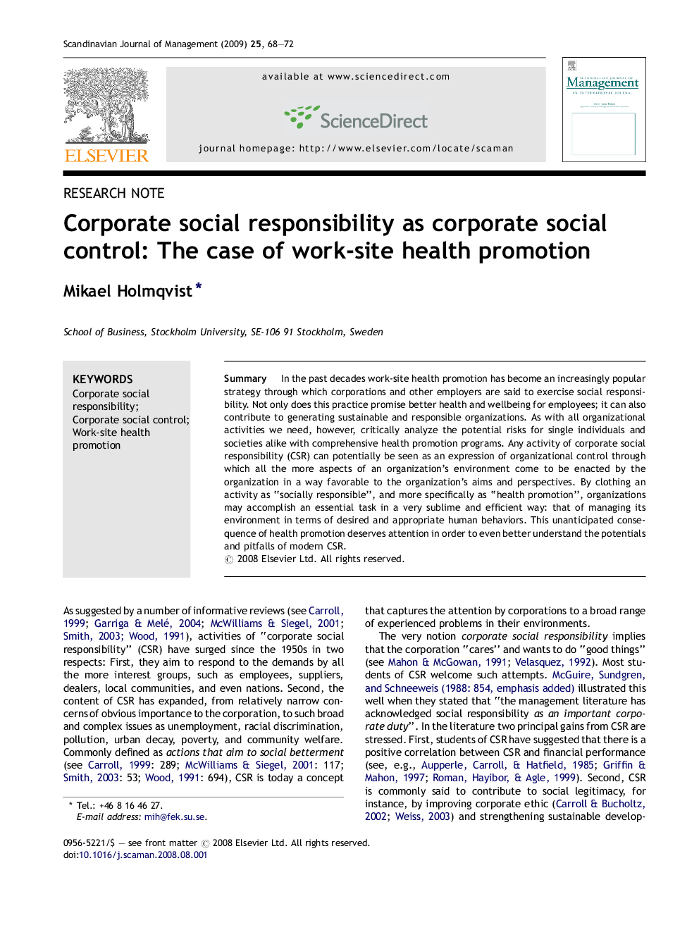 Corporate social responsibility as corporate social control: The case of work-site health promotion