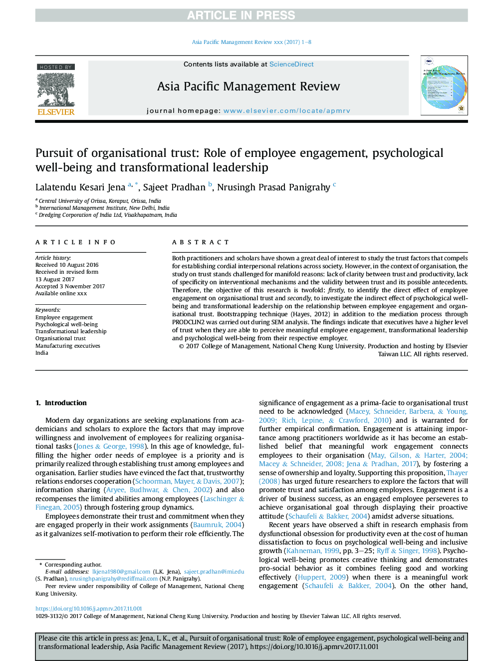 Pursuit of organisational trust: Role of employee engagement, psychological well-being and transformational leadership