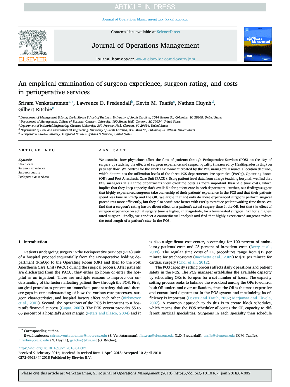 An empirical examination of surgeon experience, surgeon rating, and costs in perioperative services