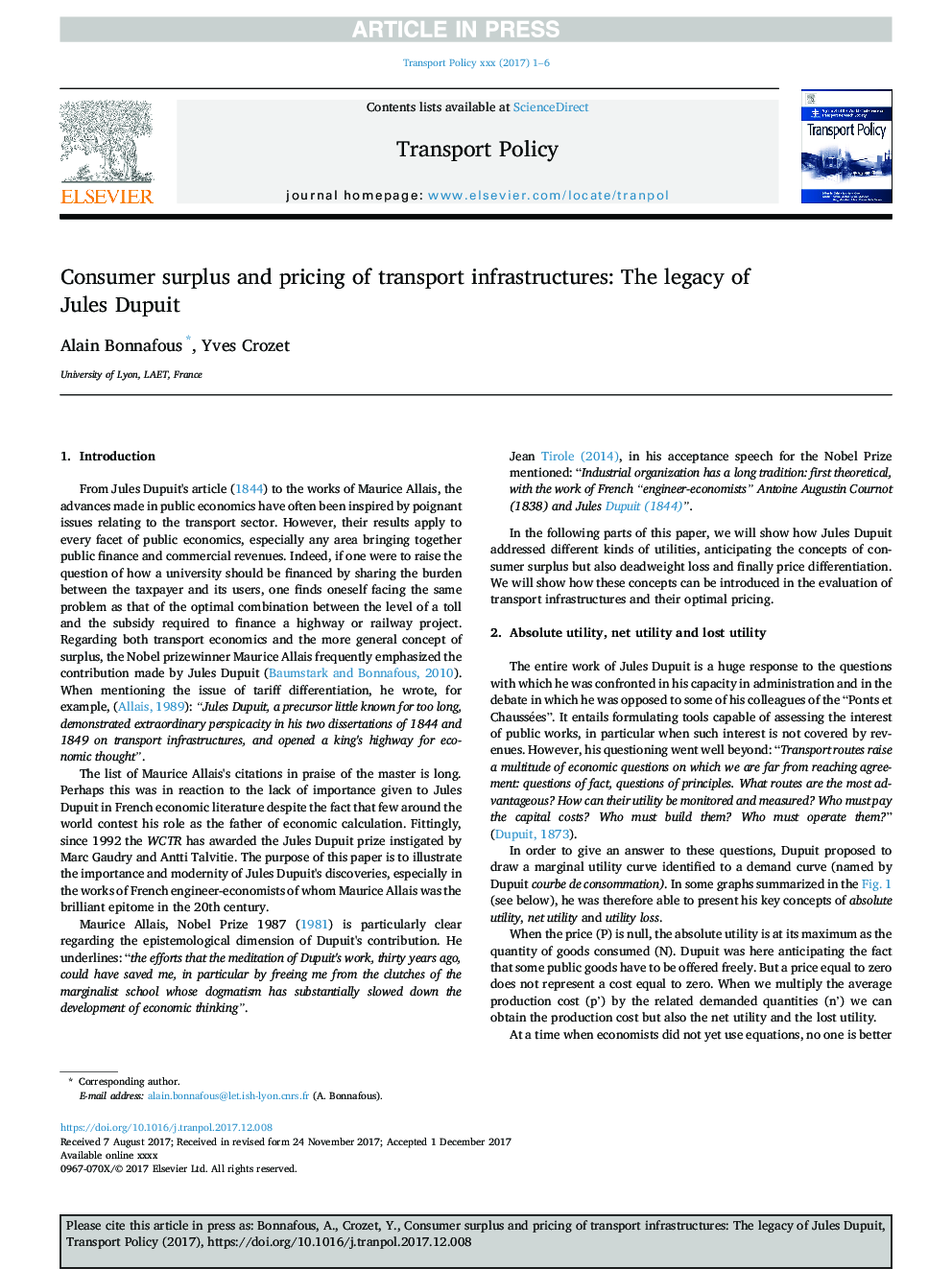 Consumer surplus and pricing of transport infrastructures: The legacy of Jules Dupuit