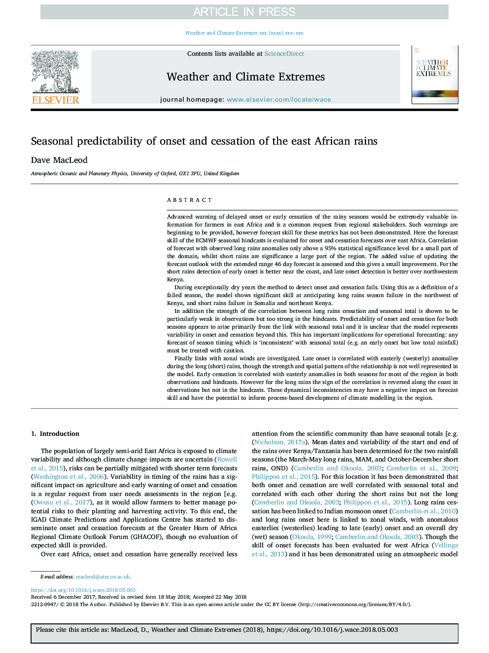 Seasonal predictability of onset and cessation of the east African rains