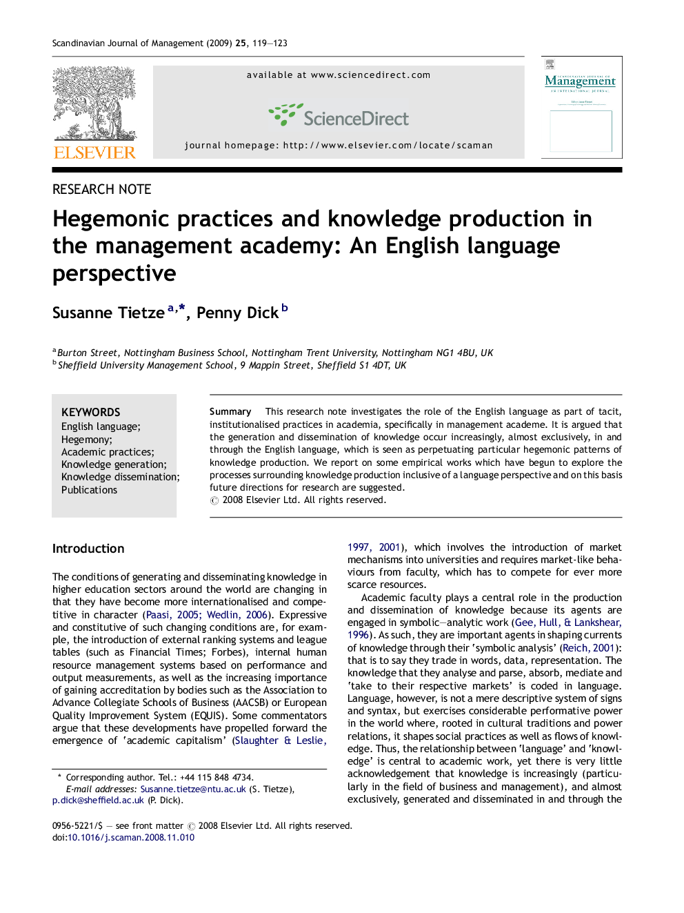 Hegemonic practices and knowledge production in the management academy: An English language perspective