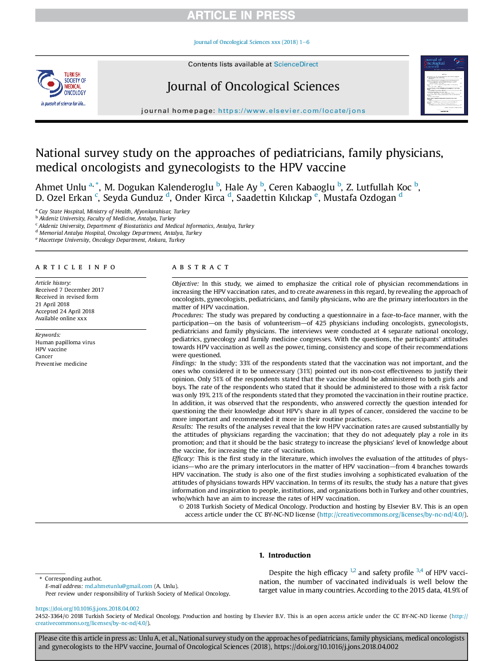 National survey study on the approaches of pediatricians, family physicians, medical oncologists and gynecologists to the HPV vaccine