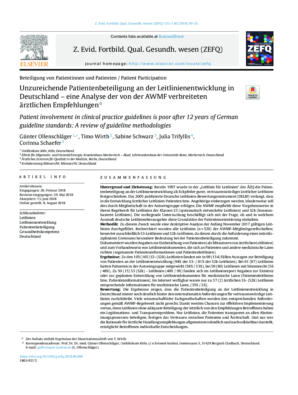 Unzureichende Patientenbeteiligung an der Leitlinienentwicklung in Deutschland - eine Analyse der von der AWMF verbreiteten ärztlichen Empfehlungen