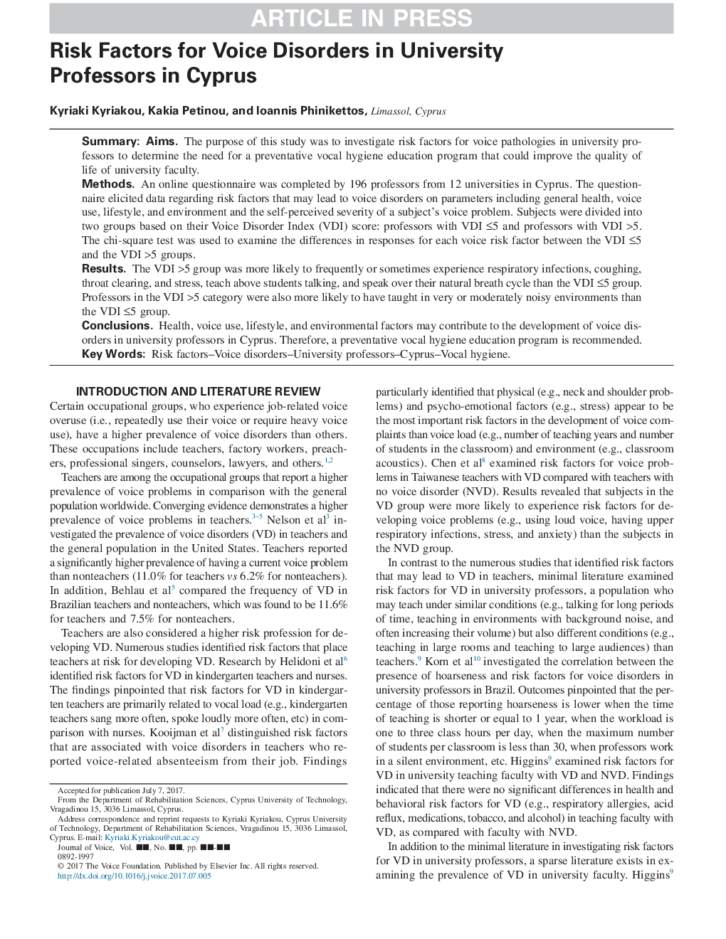 عوامل خطرساز اختلالات صوتی در استادان دانشگاه قبرس