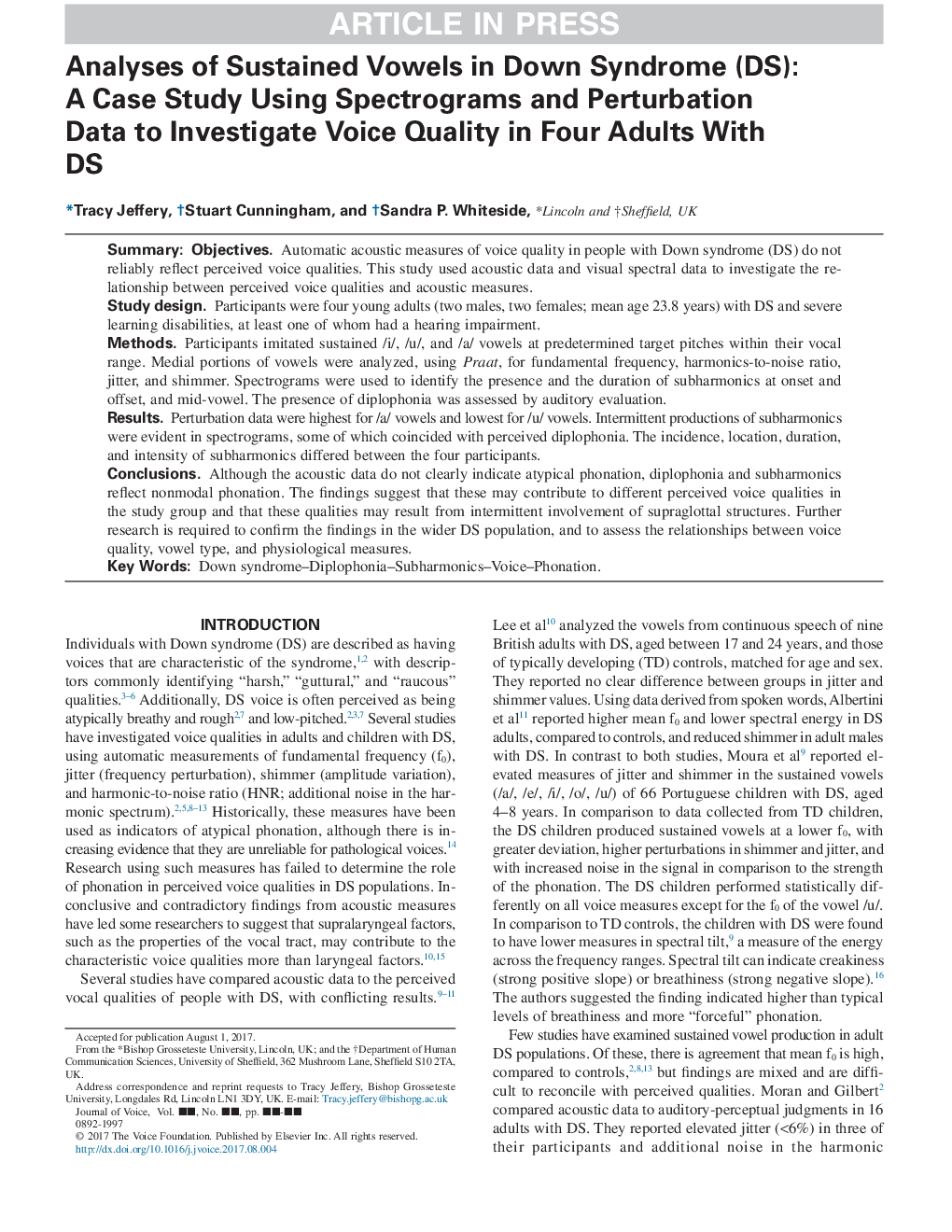 Analyses of Sustained Vowels in Down Syndrome (DS): A Case Study Using Spectrograms and Perturbation Data to Investigate Voice Quality in Four Adults With DS