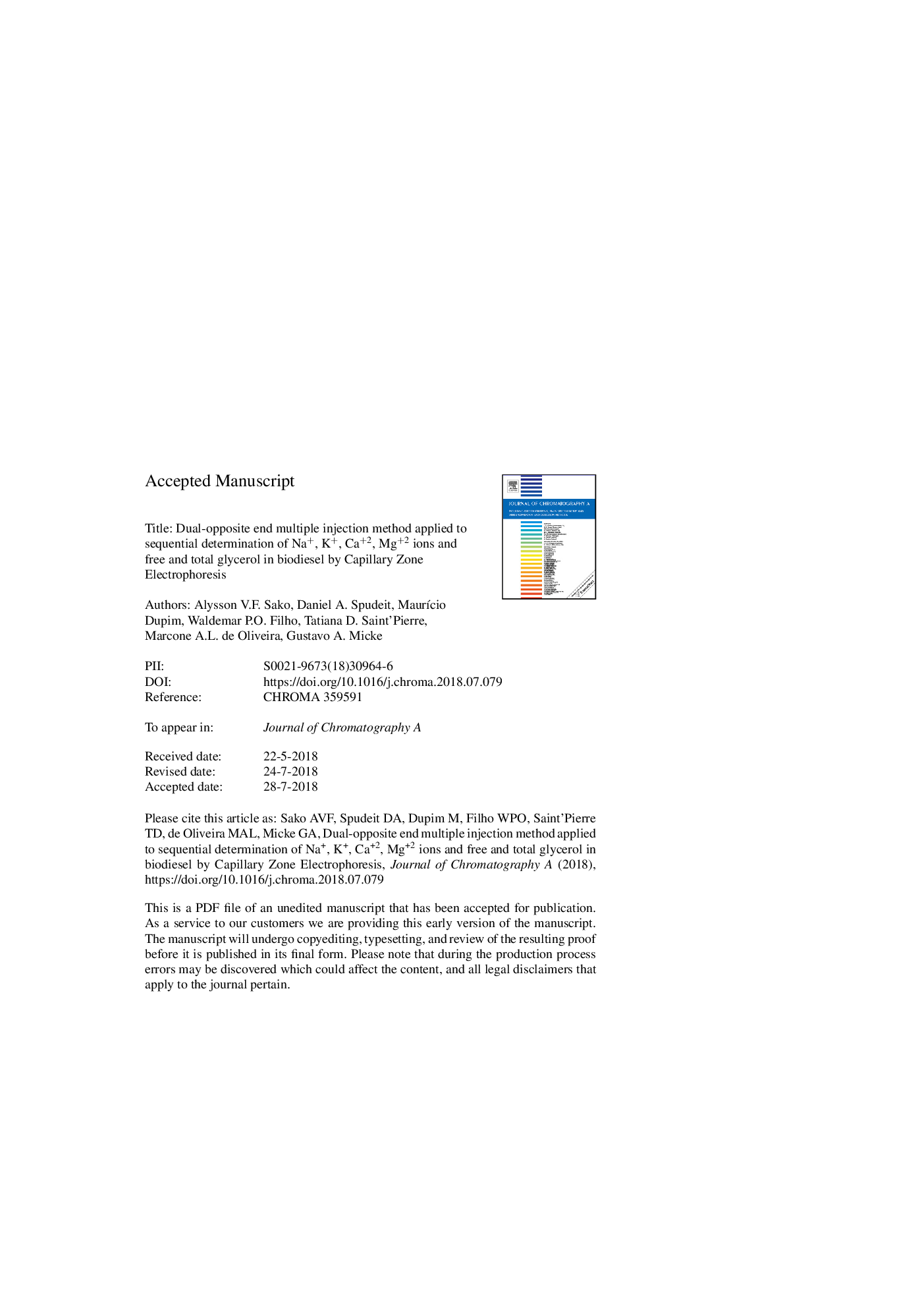 Dual-opposite end multiple injection method applied to sequential determination of Na+, K+, Ca+2, Mg+2 ions and free and total glycerol in biodiesel by capillary zone electrophoresis