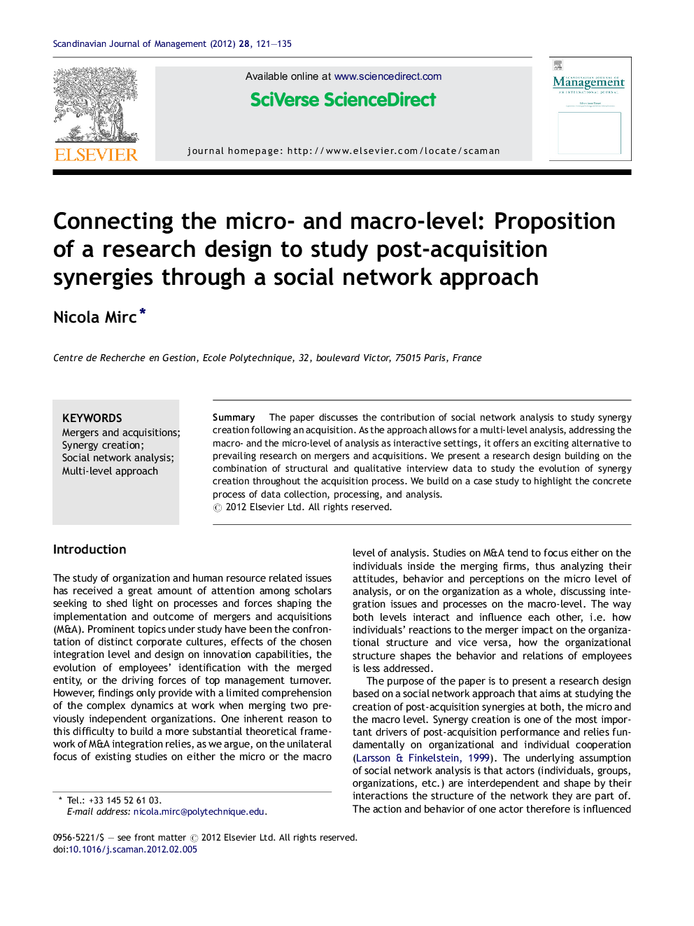 Connecting the micro- and macro-level: Proposition of a research design to study post-acquisition synergies through a social network approach