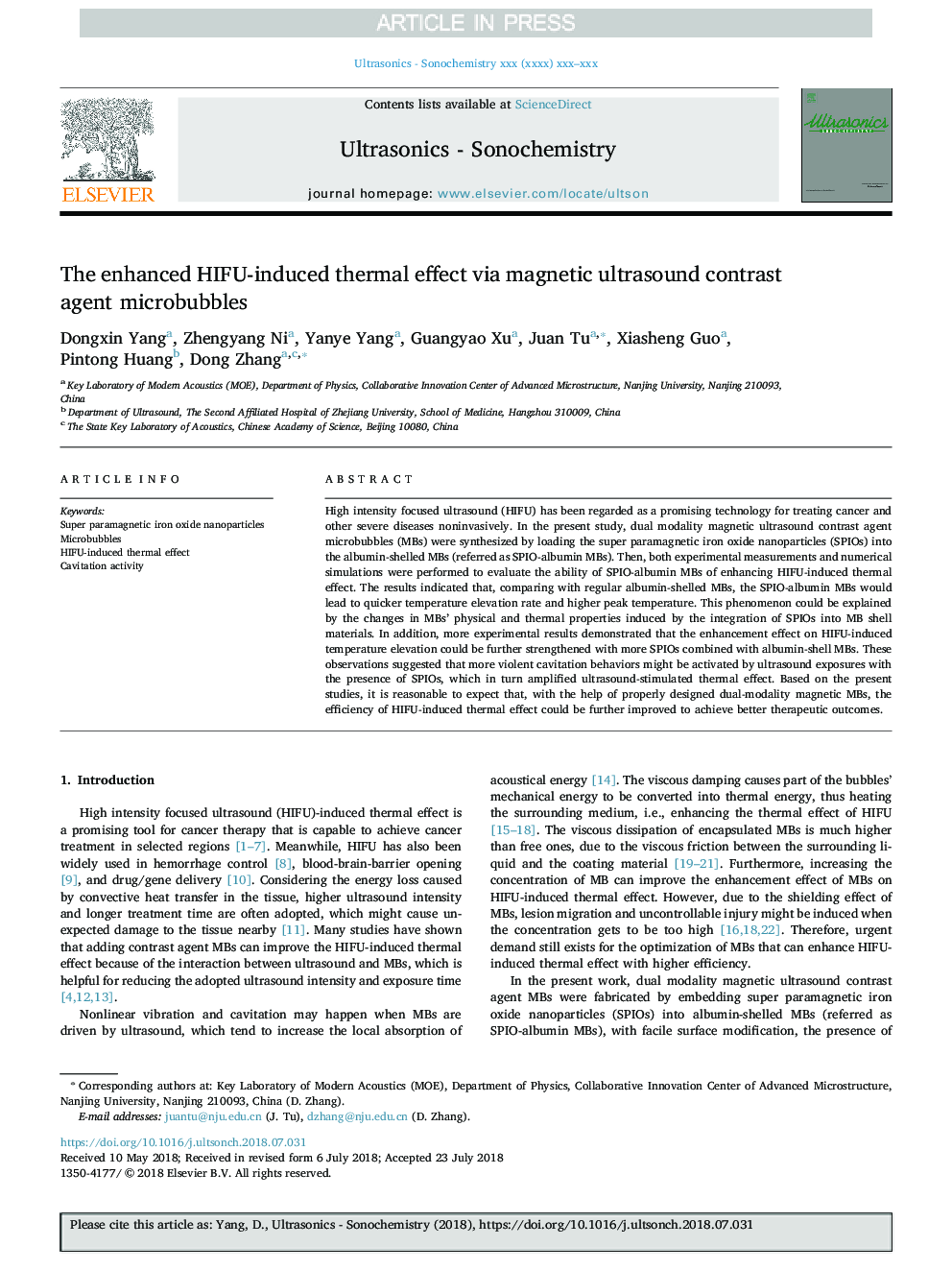 The enhanced HIFU-induced thermal effect via magnetic ultrasound contrast agent microbubbles