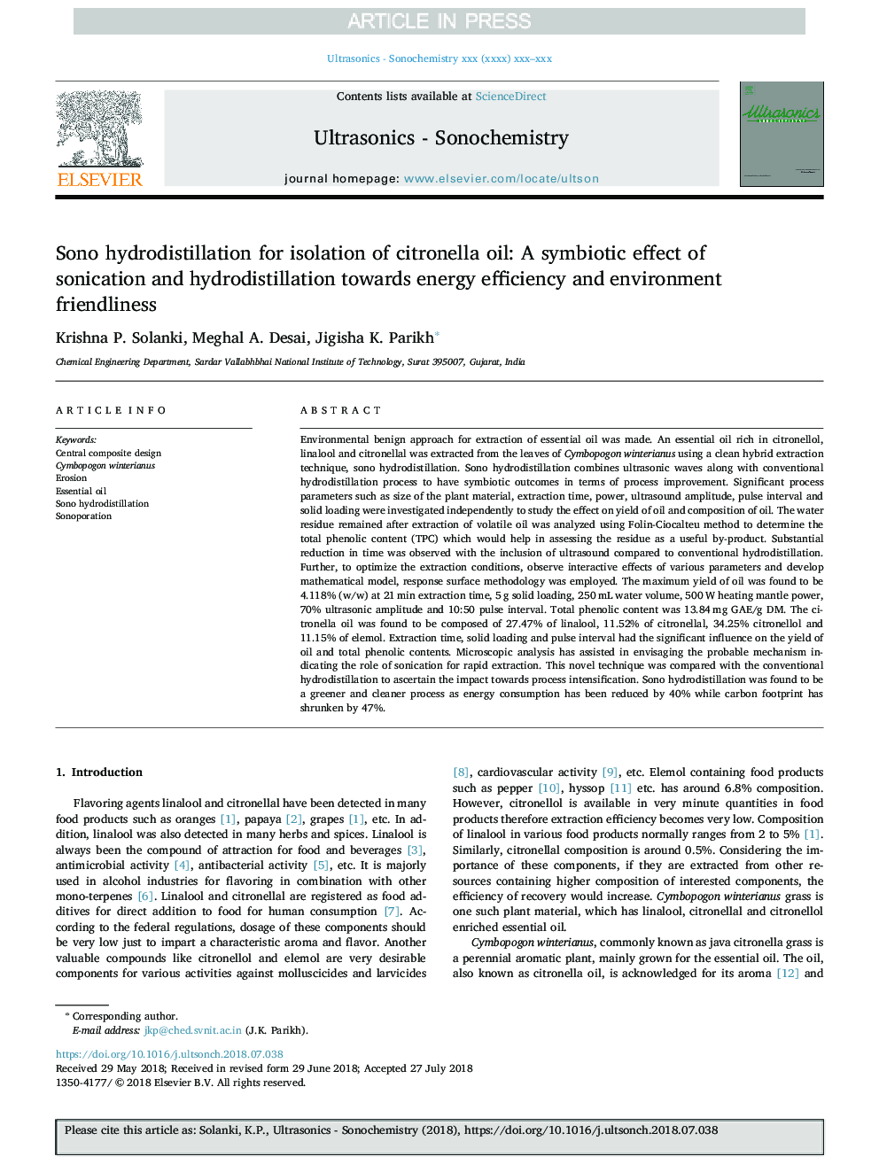 Sono hydrodistillation for isolation of citronella oil: A symbiotic effect of sonication and hydrodistillation towards energy efficiency and environment friendliness