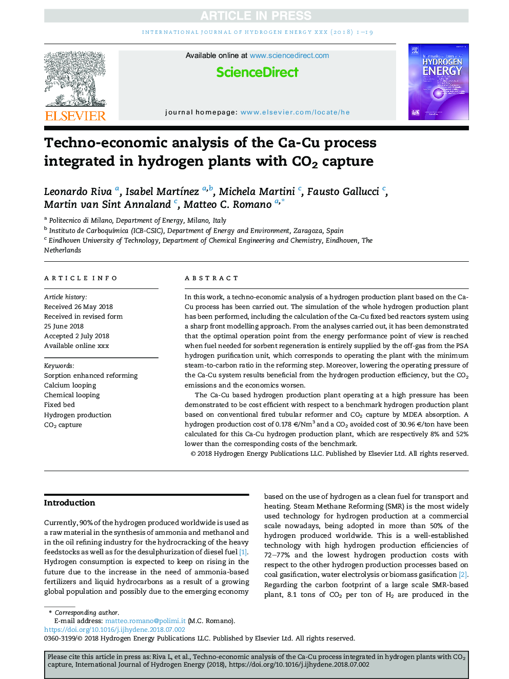 Techno-economic analysis of the Ca-Cu process integrated in hydrogen plants with CO2 capture