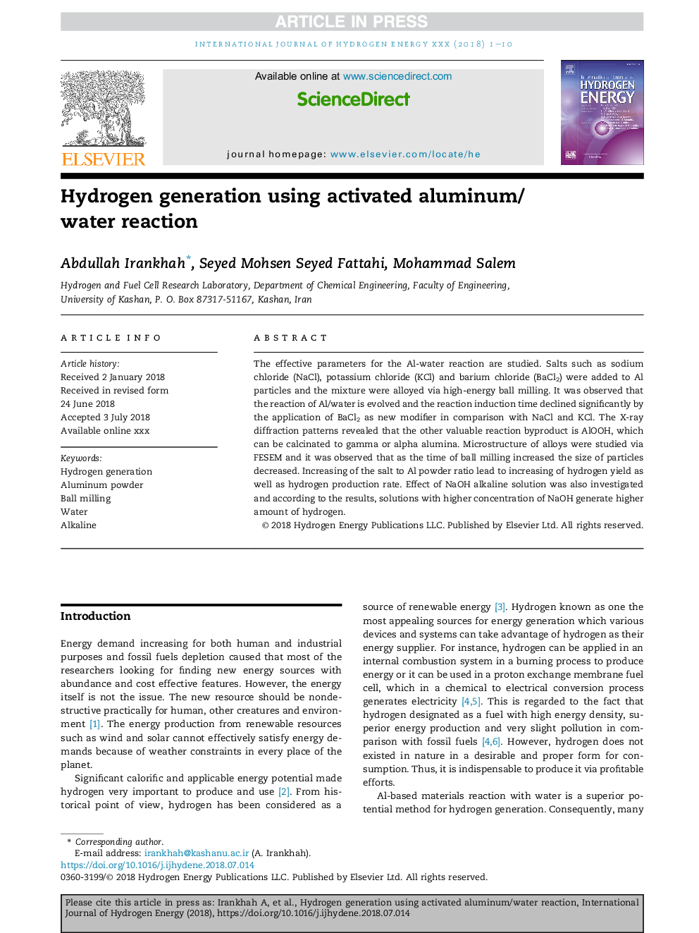 Hydrogen generation using activated aluminum/water reaction