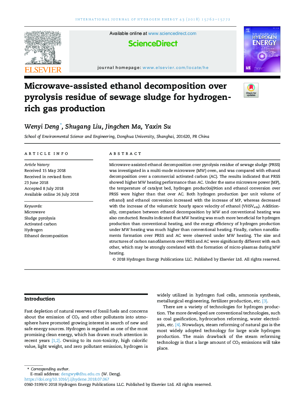 Microwave-assisted ethanol decomposition over pyrolysis residue of sewage sludge for hydrogen-rich gas production