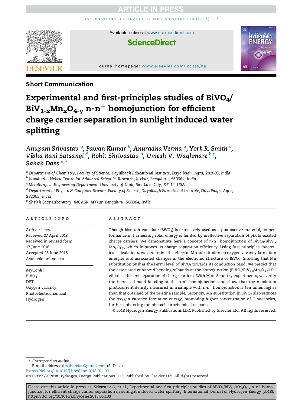 Experimental and first-principles studies of BiVO4/BiV1-xMnxO4-y n-n+ homojunction for efficient charge carrier separation in sunlight induced water splitting