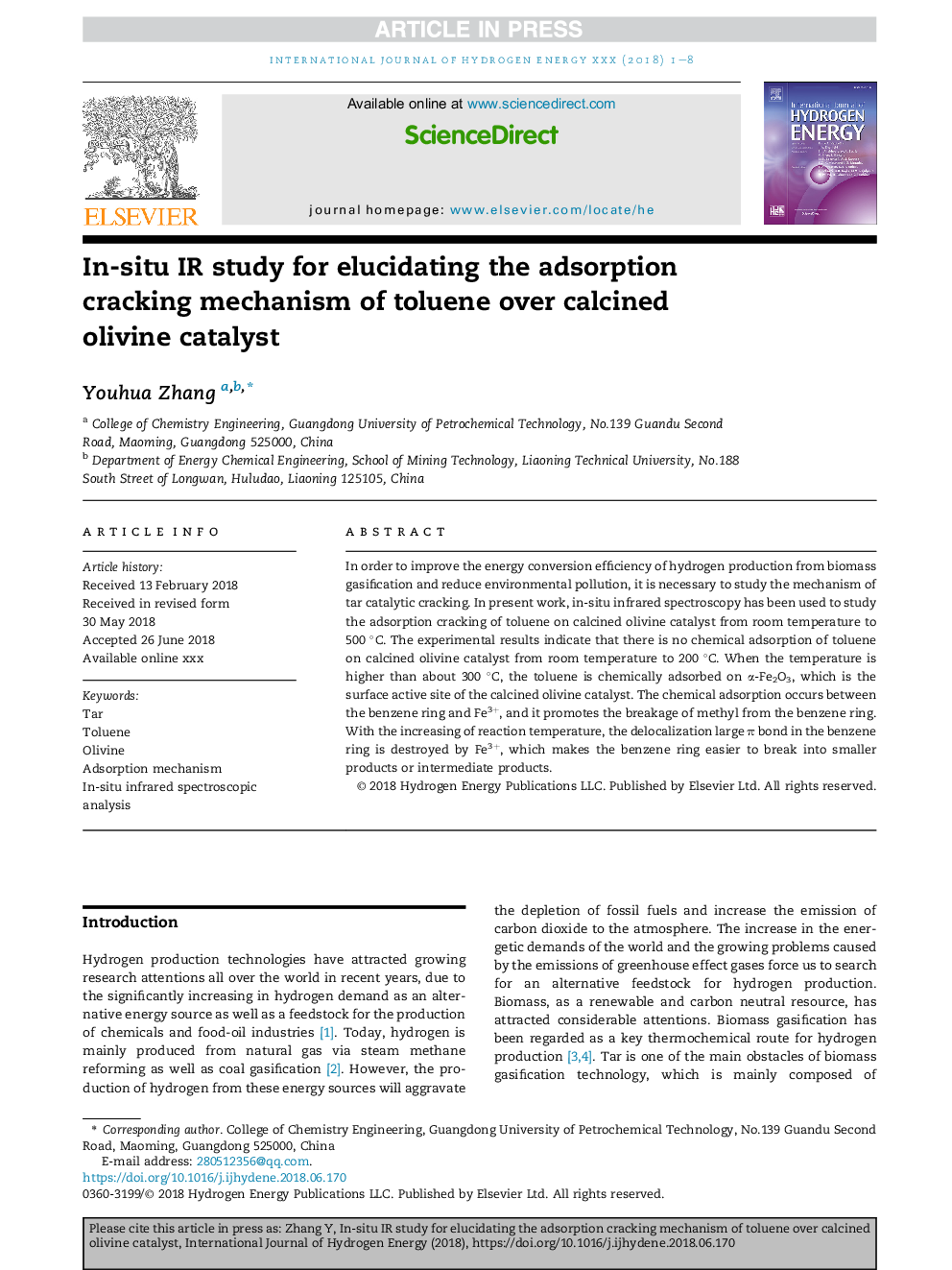 In-situ IR study for elucidating the adsorption cracking mechanism of toluene over calcined olivine catalyst