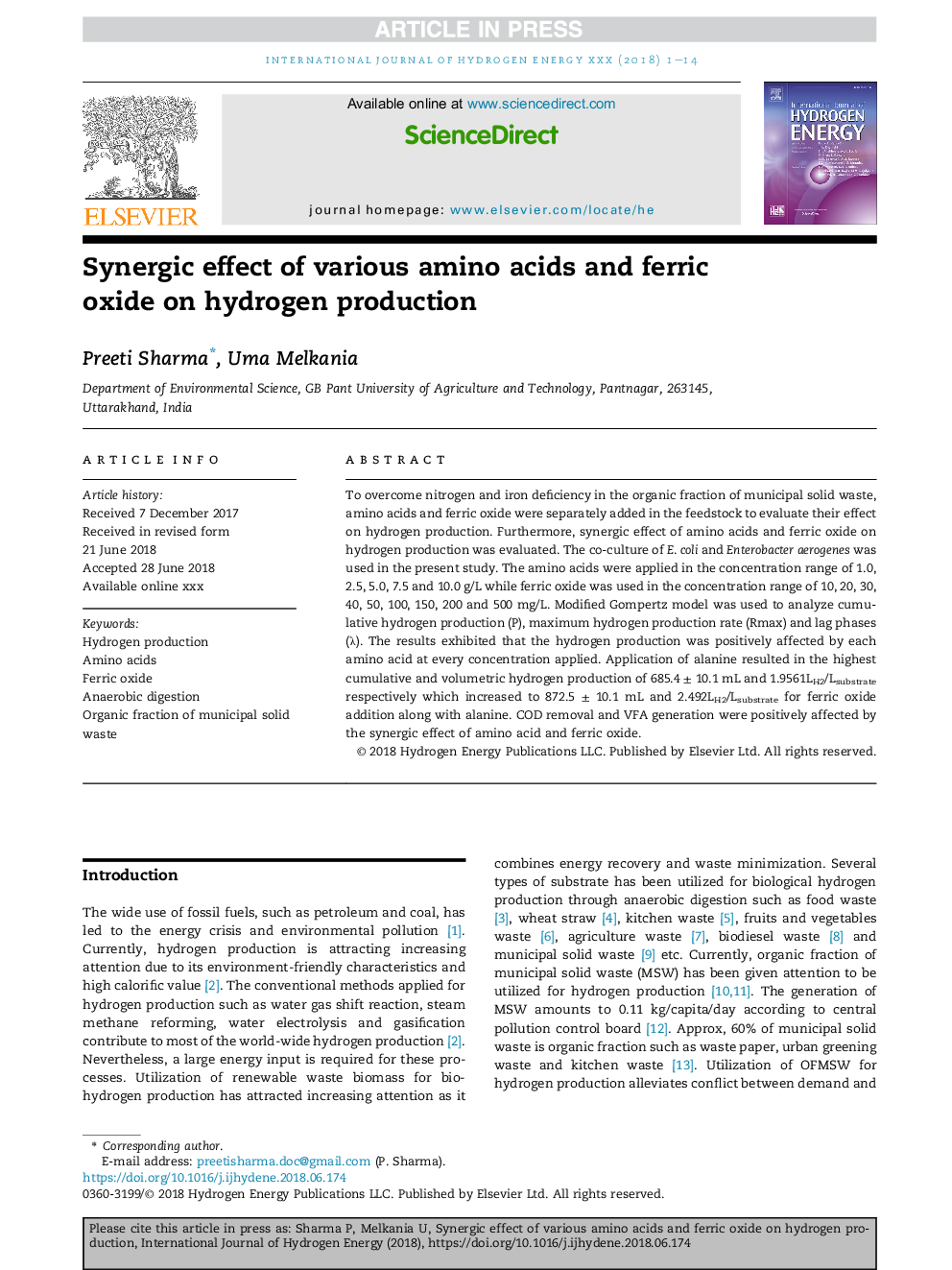 Synergic effect of various amino acids and ferric oxide on hydrogen production