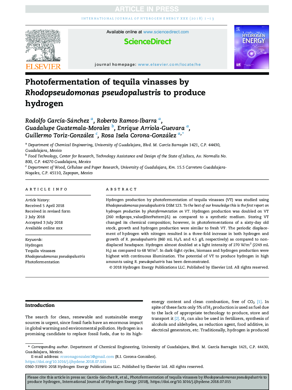 Photofermentation of tequila vinasses by Rhodopseudomonas pseudopalustris to produce hydrogen