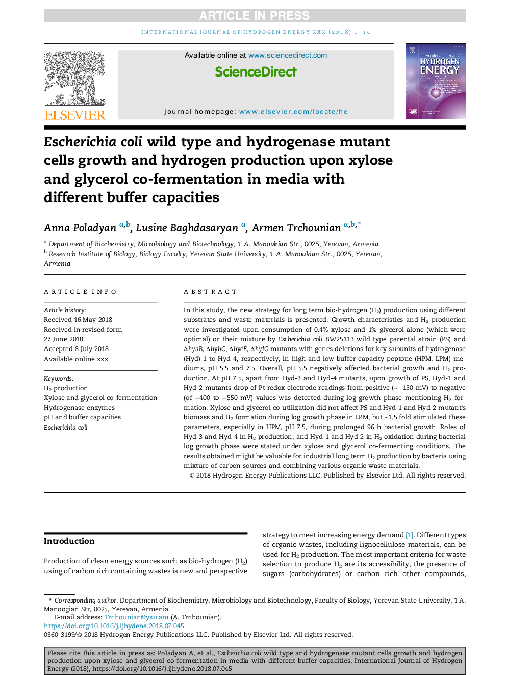 Escherichia coli wild type and hydrogenase mutant cells growth and hydrogen production upon xylose and glycerol co-fermentation in media with different buffer capacities