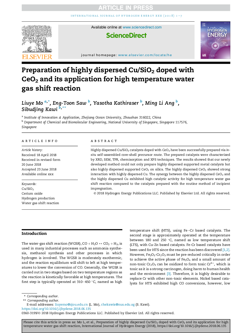 Preparation of highly dispersed Cu/SiO2 doped with CeO2 and its application for high temperature water gas shift reaction