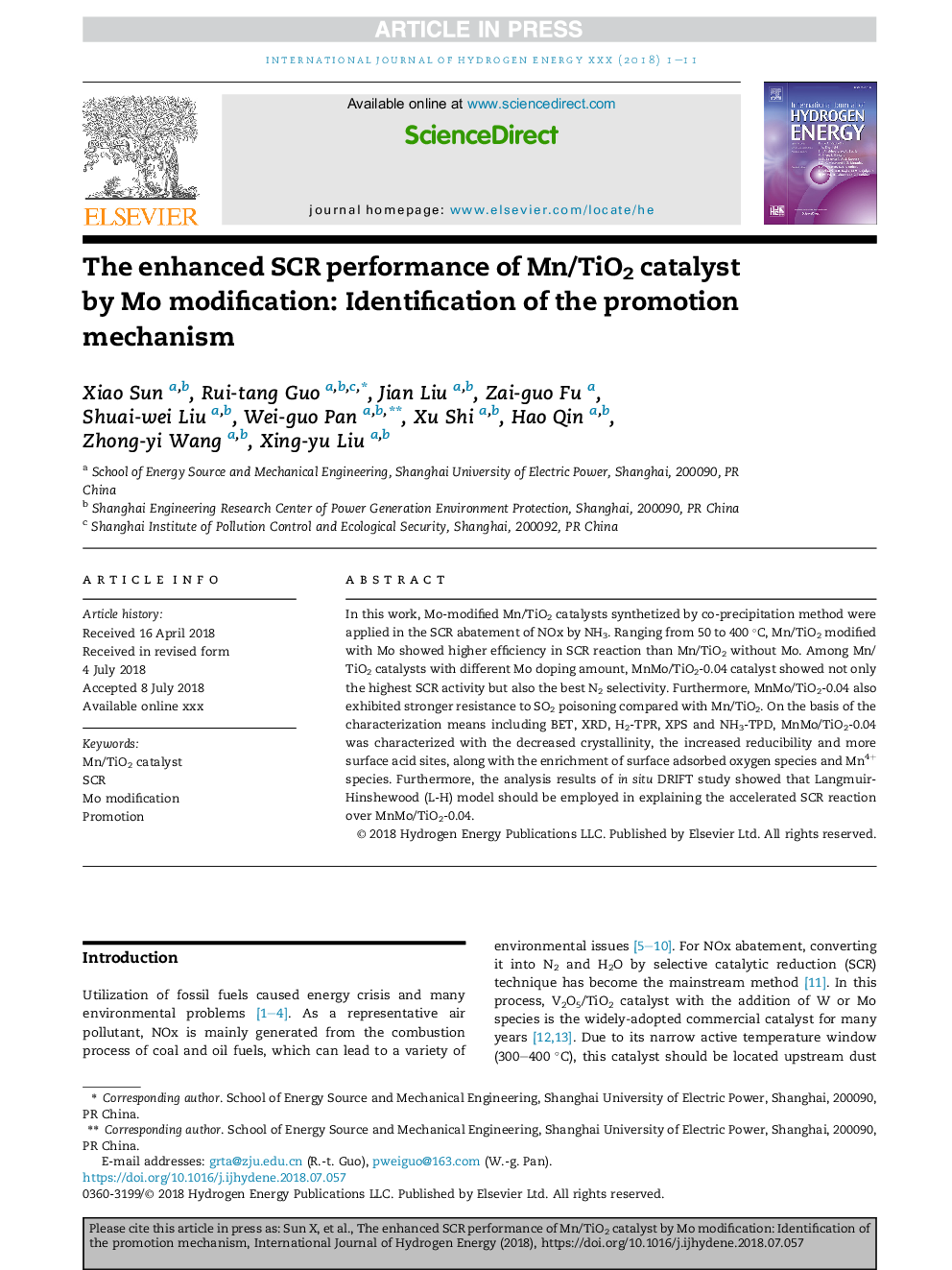 The enhanced SCR performance of Mn/TiO2 catalyst by Mo modification: Identification of the promotion mechanism