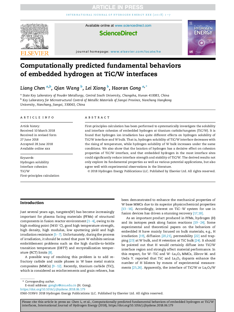 Computationally predicted fundamental behaviors of embedded hydrogen at TiC/W interfaces