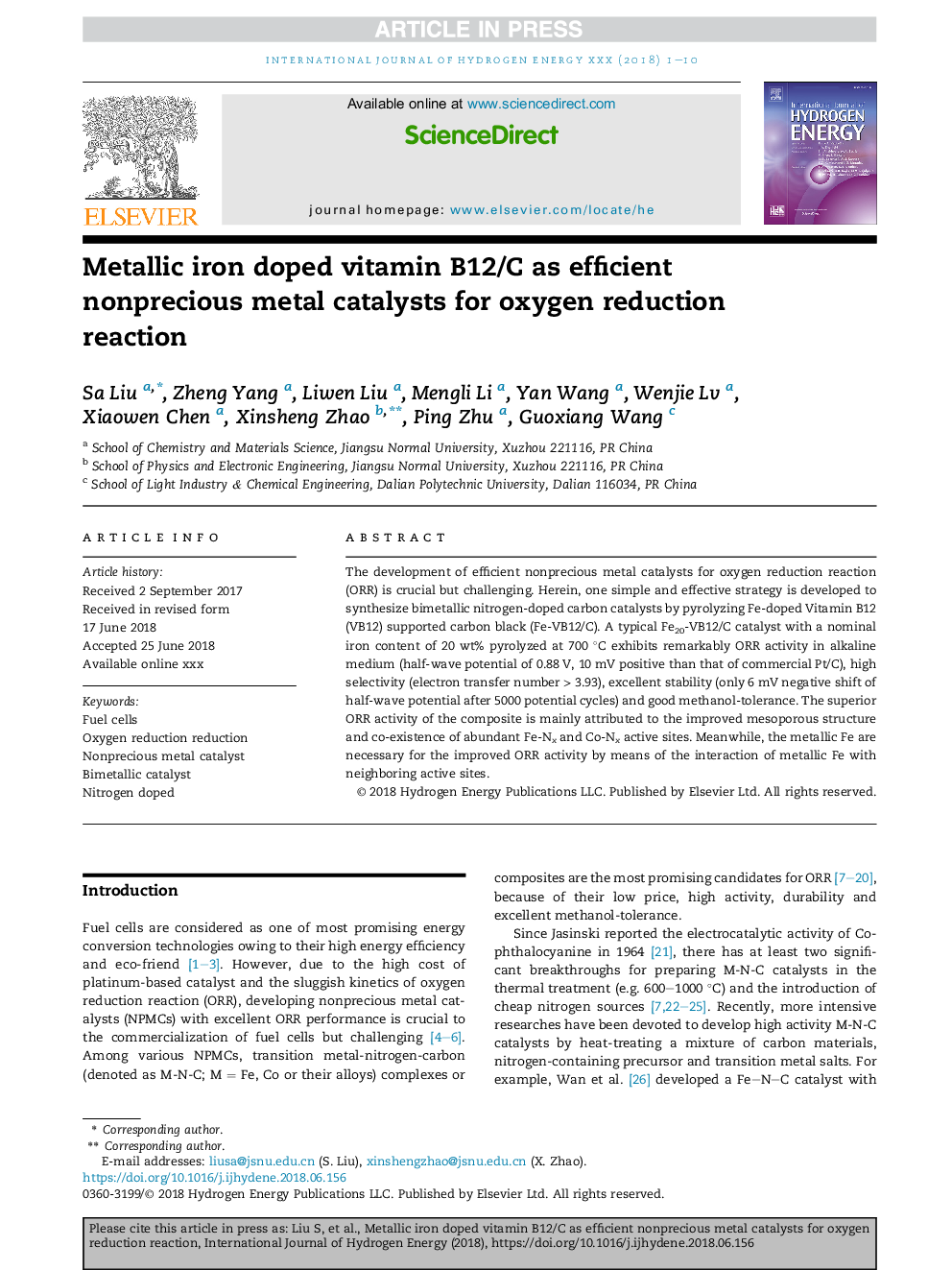 Metallic iron doped vitamin B12/C as efficient nonprecious metal catalysts for oxygen reduction reaction