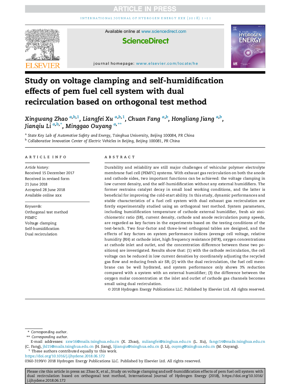 Study on voltage clamping and self-humidification effects of pem fuel cell system with dual recirculation based on orthogonal test method