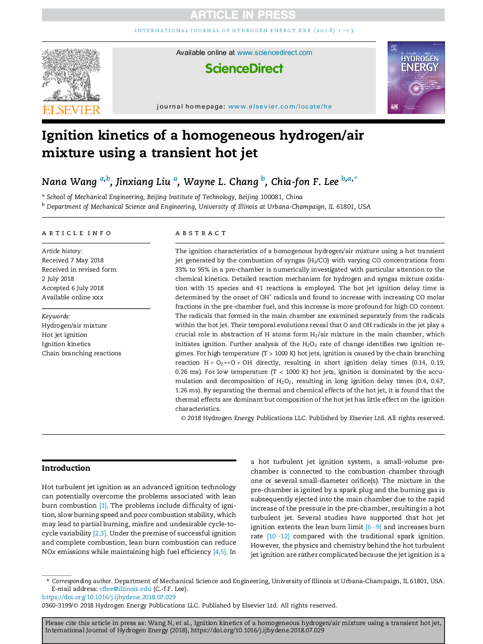 Ignition kinetics of a homogeneous hydrogen/air mixture using a transient hot jet