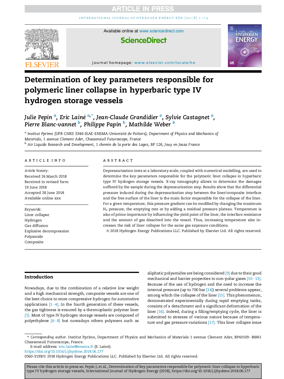 Determination of key parameters responsible for polymeric liner collapse in hyperbaric type IV hydrogen storage vessels