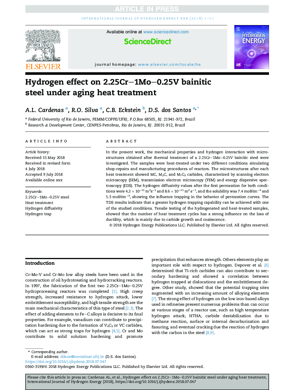 Hydrogen effect on 2.25Cr-1Mo-0.25V bainitic steel under aging heat treatment