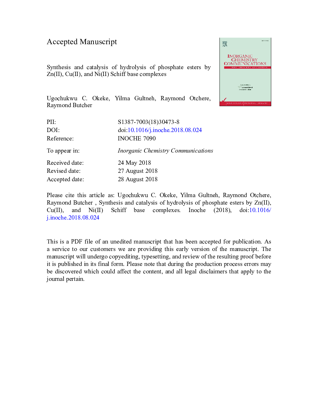 Synthesis and catalysis of hydrolysis of phosphate esters by Zn(II), Cu(II), and Ni(II) Schiff base complexes