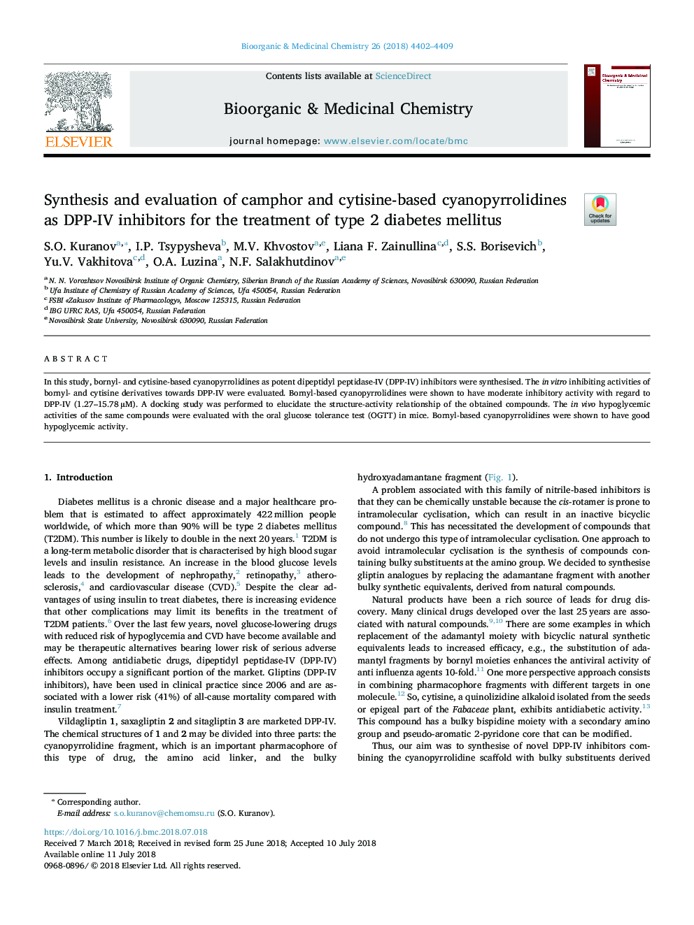 عکس صفحه اول مقاله: Synthesis and evaluation of camphor and cytisine-based cyanopyrrolidines as DPP-IV inhibitors for the treatment of type 2 diabetes mellitus Synthesis and evaluation of camphor and cytisine-based cyanopyrrolidines as DPP-IV inhibitors for the treatment of type 2 diabetes mellitus