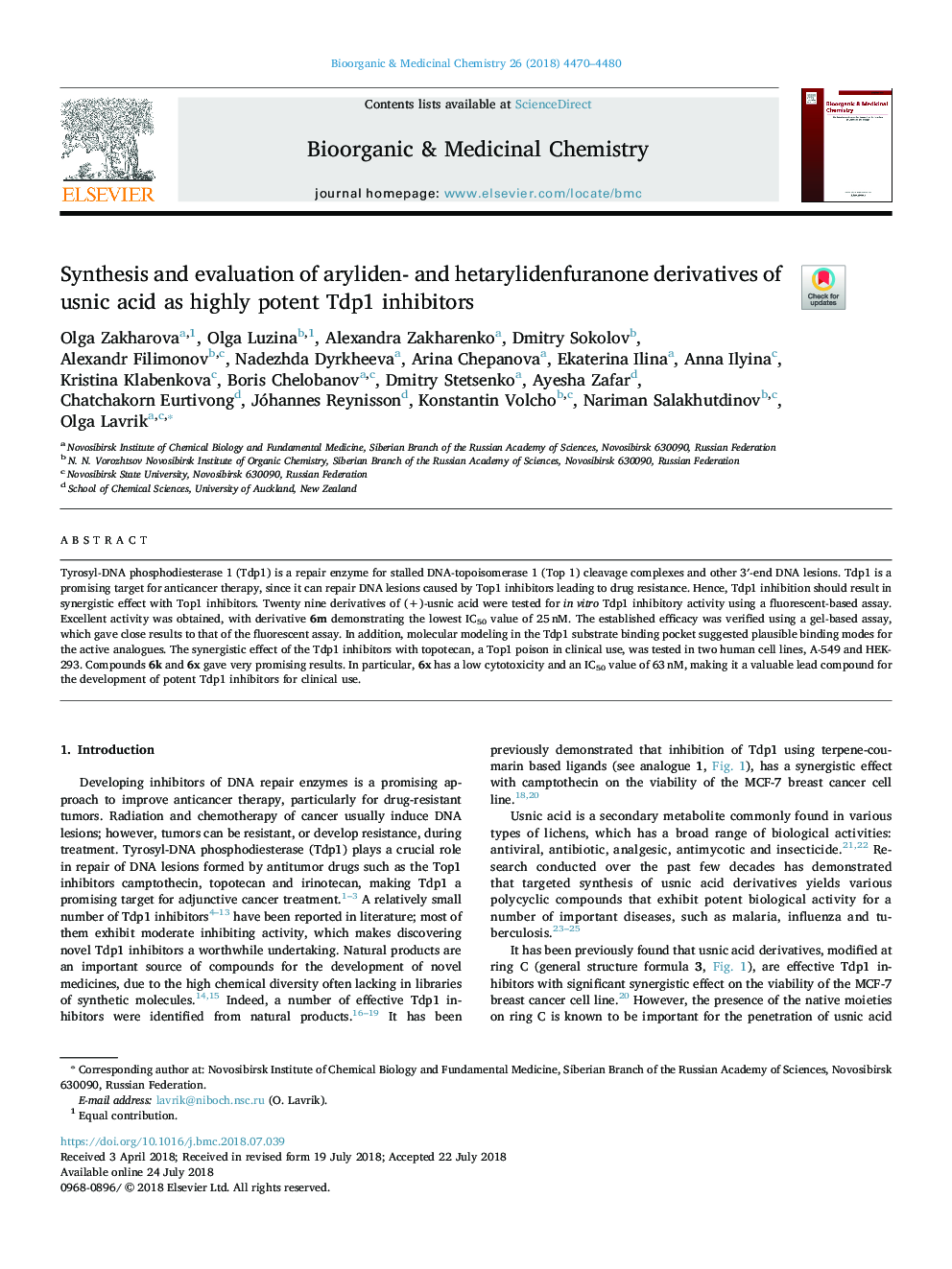 عکس صفحه اول مقاله: Synthesis and evaluation of aryliden- and hetarylidenfuranone derivatives of usnic acid as highly potent Tdp1 inhibitors Synthesis and evaluation of aryliden- and hetarylidenfuranone derivatives of usnic acid as highly potent Tdp1 inhibitors