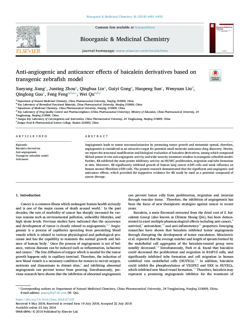 Anti-angiogenic and anticancer effects of baicalein derivatives based on transgenic zebrafish model