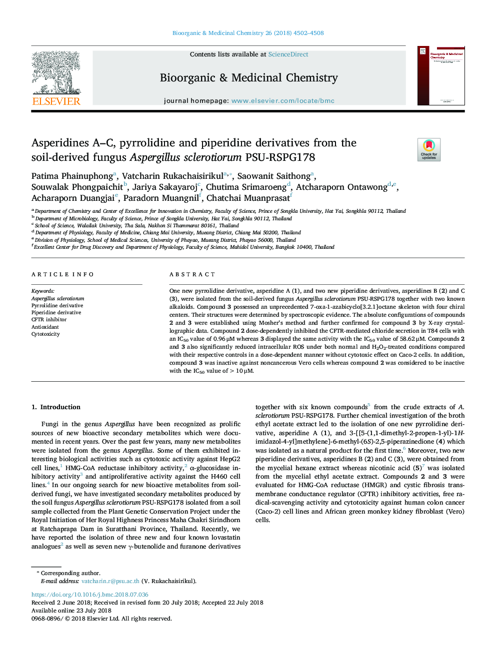 عکس صفحه اول مقاله: Asperidines A-C, pyrrolidine and piperidine derivatives from the soil-derived fungus Aspergillus sclerotiorum PSU-RSPG178 Asperidines A-C, pyrrolidine and piperidine derivatives from the soil-derived fungus Aspergillus sclerotiorum PSU-RSPG178