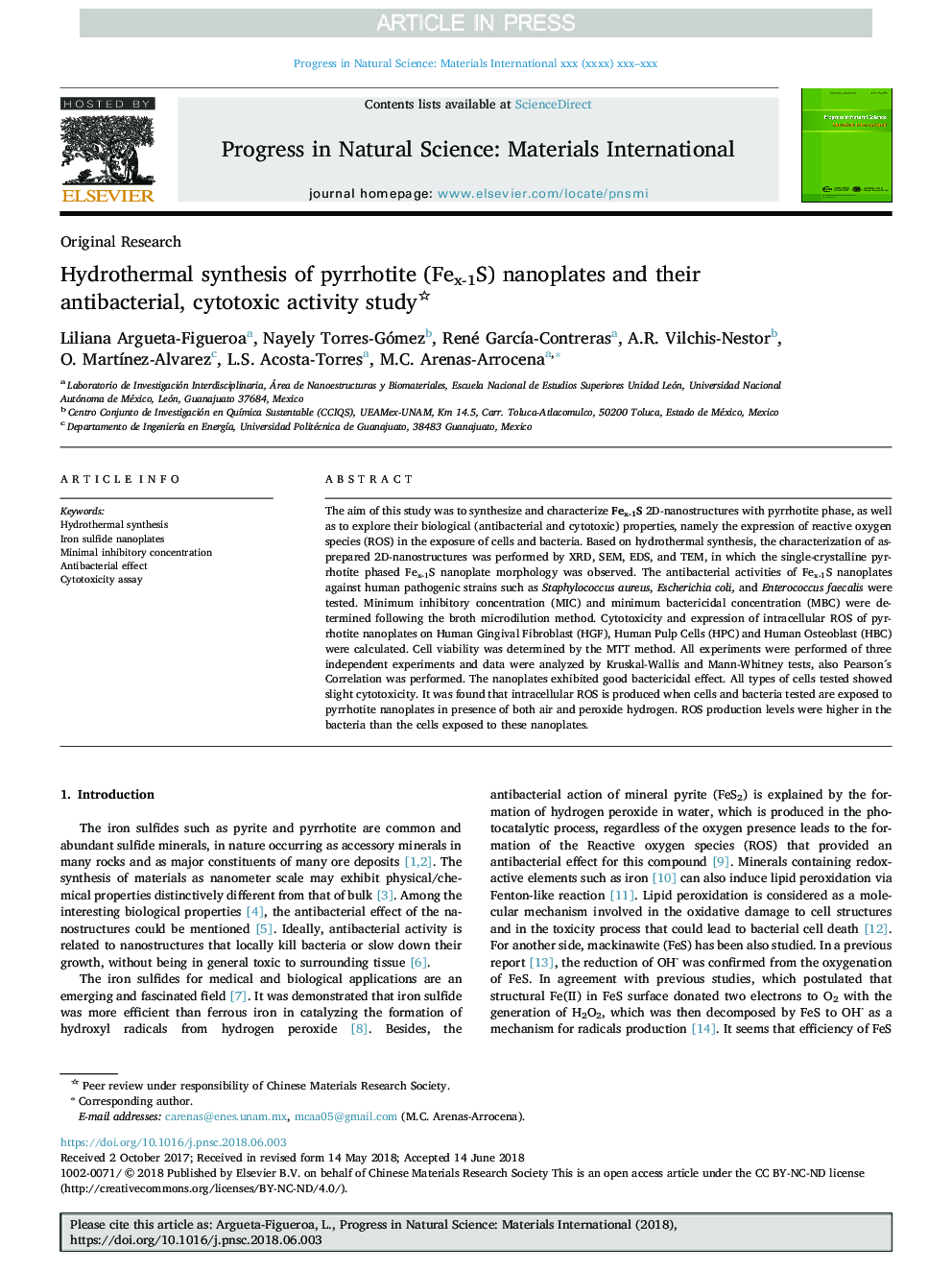 Hydrothermal synthesis of pyrrhotite (Fex-1S) nanoplates and their antibacterial, cytotoxic activity study