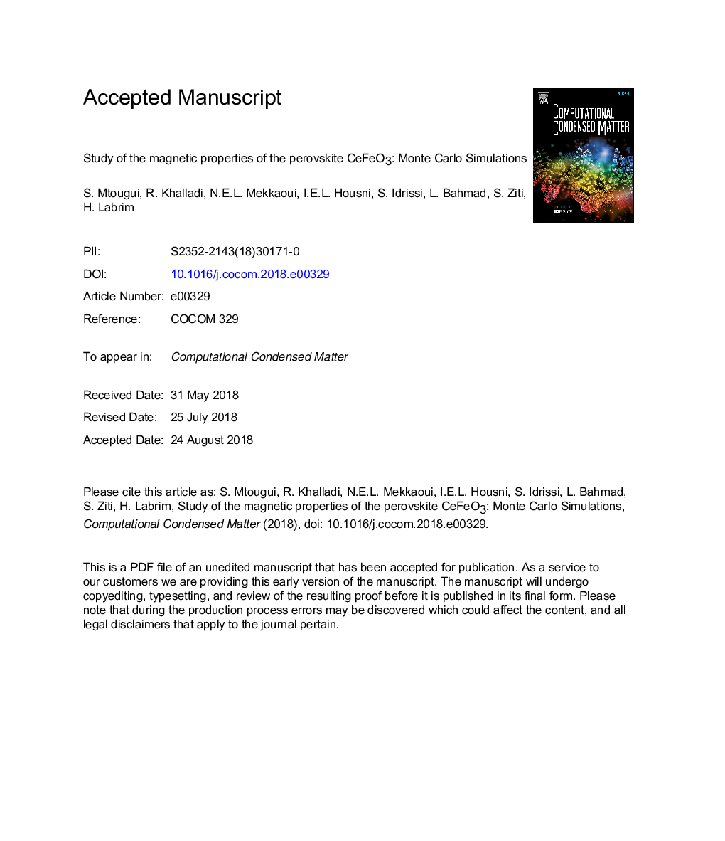 عکس صفحه اول مقاله: Study of the magnetic properties of the perovskite CeFeO3: Monte Carlo Simulations Study of the magnetic properties of the perovskite CeFeO3: Monte Carlo Simulations