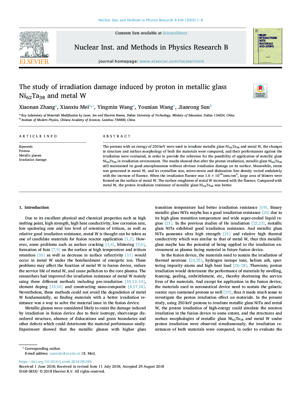 The study of irradiation damage induced by proton in metallic glass Ni62Ta38 and metal W