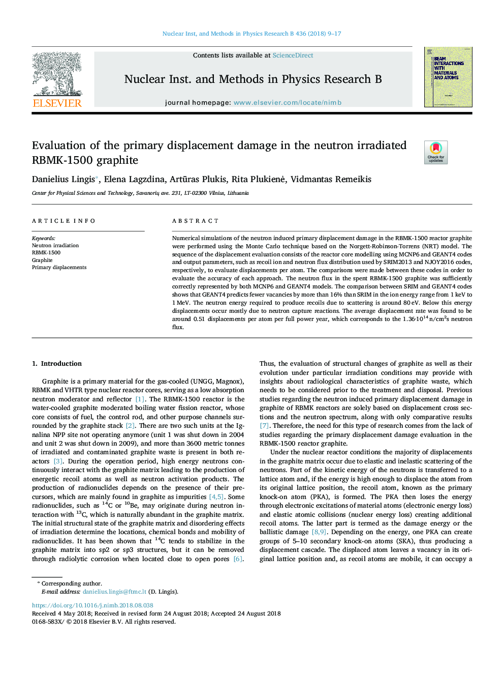 Evaluation of the primary displacement damage in the neutron irradiated RBMK-1500 graphite