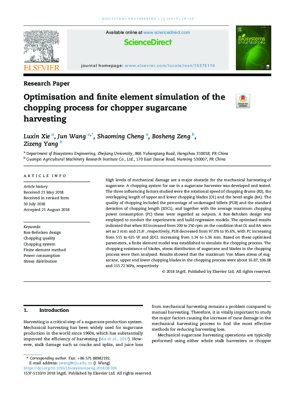 Optimisation and finite element simulation of the chopping process for chopper sugarcane harvesting