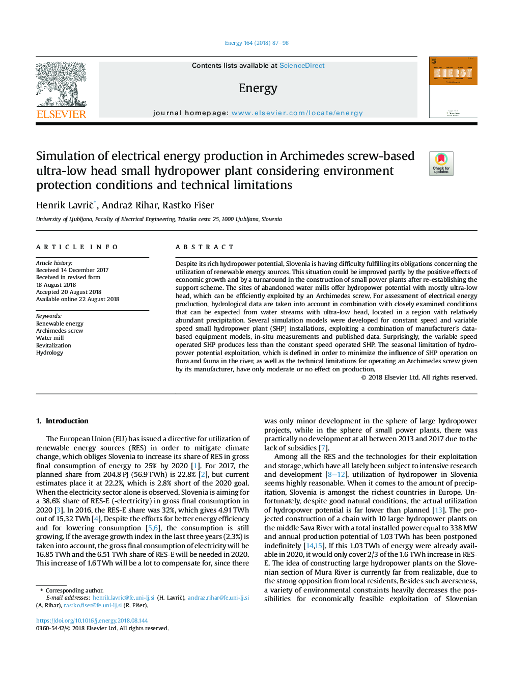 Simulation of electrical energy production in Archimedes screw-based ultra-low head small hydropower plant considering environment protection conditions and technical limitations