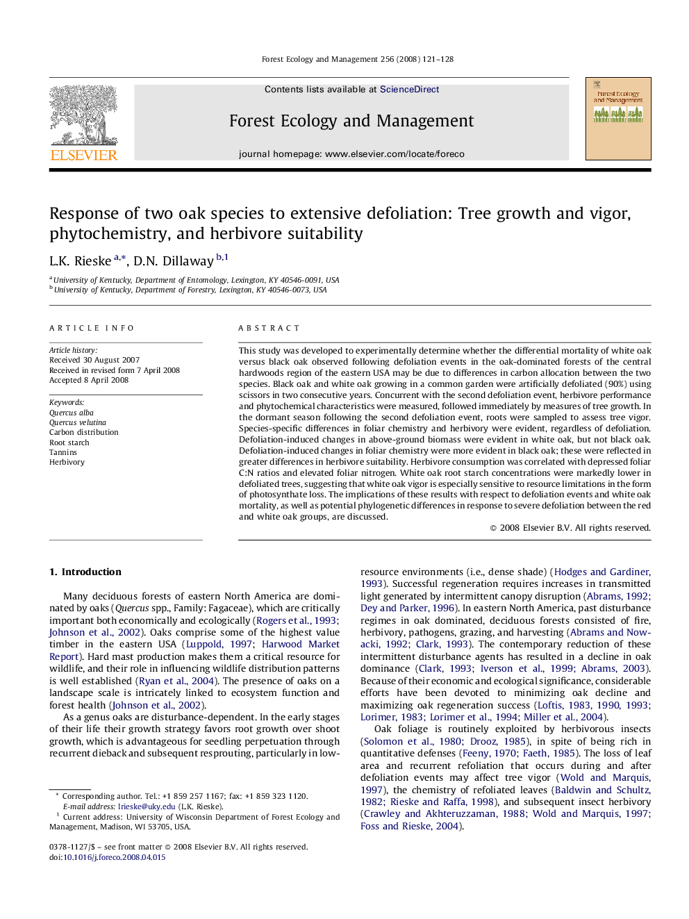 Response of two oak species to extensive defoliation: Tree growth and vigor, phytochemistry, and herbivore suitability