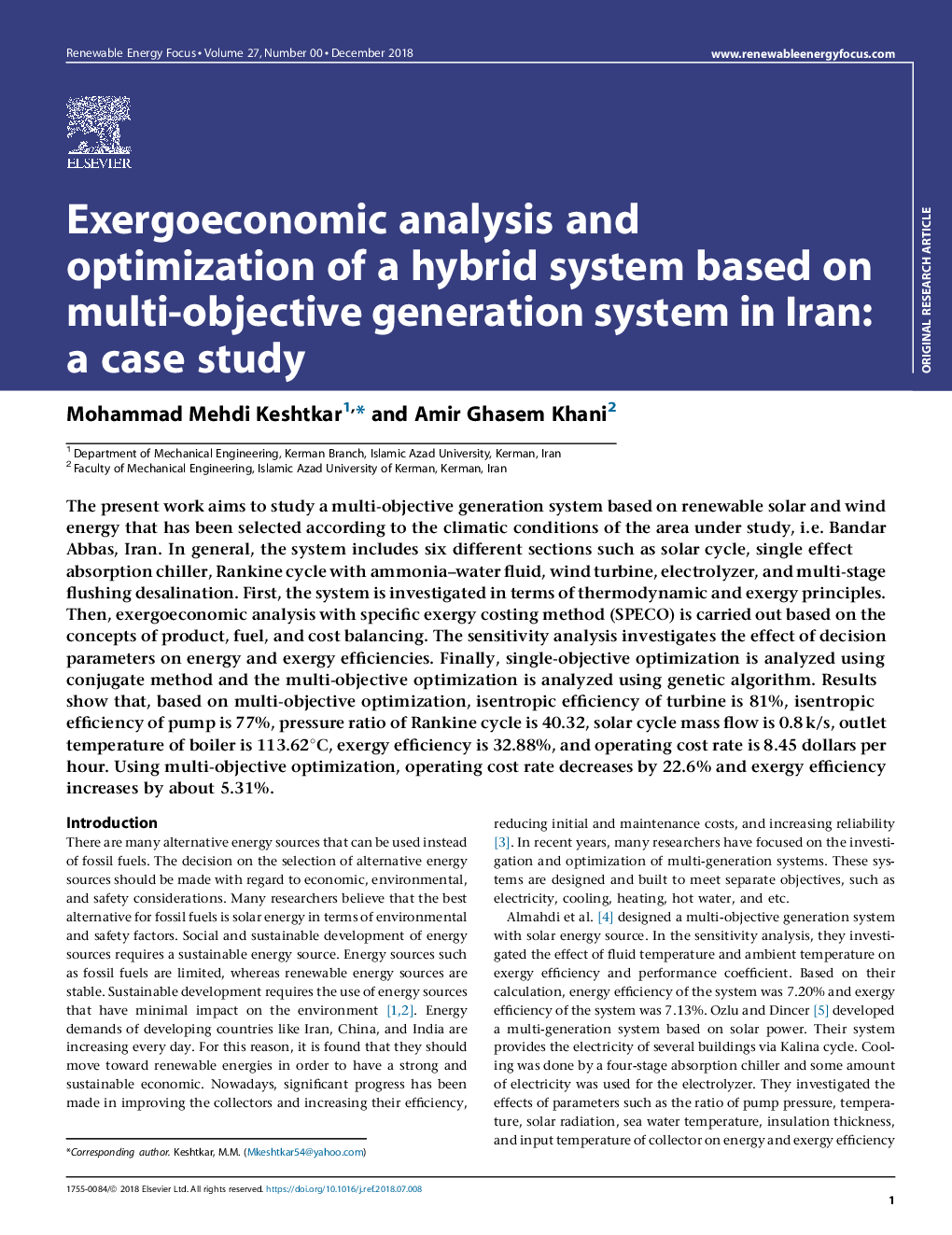 Exergoeconomic analysis and optimization of a hybrid system based on multi-objective generation system in Iran: a case study