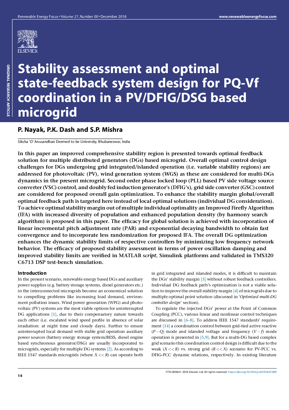 Stability assessment and optimal state-feedback system design for PQ-Vf coordination in a PV/DFIG/DSG based microgrid
